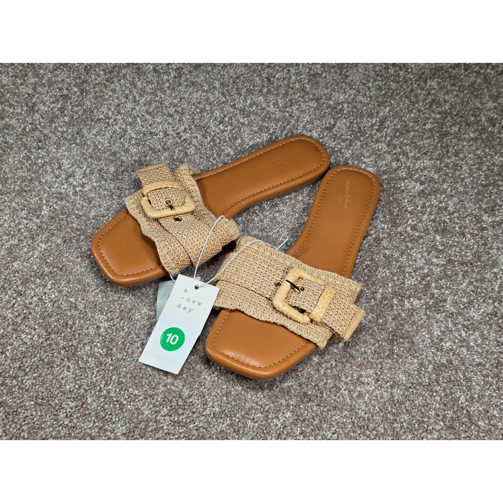 Universal Thread Amal Tan Woven Buckle Slide Sandals Square Toe Size 10 NEW